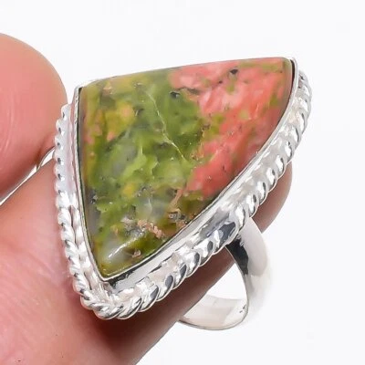 Anillo de plata de ley 925 con piedras preciosas étnicas naturales de unakita talla 9 N465 Foto 1 de 4
