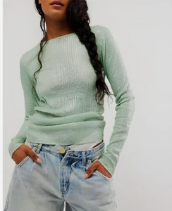 NWT Intimately Free People Gold Rush Green Sequin Long Sleeve Top Large - Picture 1 of 10