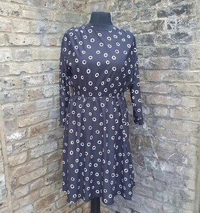Marks & Spencer Vintage UK 16 Geometric Dress Black w/ white rings Elastic waist - Picture 1 of 12