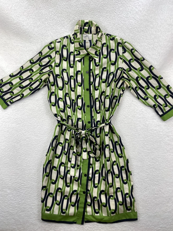 Milly Green Navy Chain Print Shirt Dress Size 8 Women’s Belted Button Front - Image 1 of 4