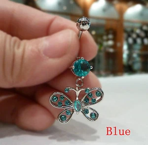 Anillo de vientre de calidad colgante/barra, 316L quirúrgico/circonita cúbica (mariposa) joyería corporal BR-3 - Imagen 1 de 13