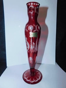VINTAGE EGERMANN TSCHECHIEN BÖHMISCHE Glas VASE 8 11/16" RUBIN BLITZ ETIKETT - Bild 1 von 1