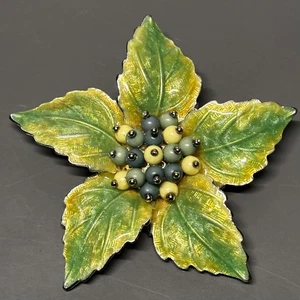Broche prendedor firmado verde esmalte hoja flor cuentas bisutería mujer grande - Imagen 1 de 6