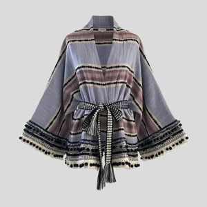 Zara blau gestreift Baumwolle Gürtel Fransen Boho Langarm Kimono Top NEU - XS - Bild 1 von 10