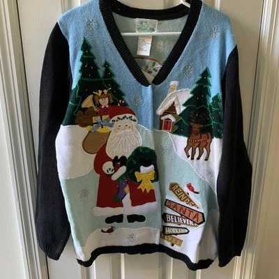 Quacker Factory Christmas Cardigan Sweater Santa Reindeer Bells Size Large NWT - Image 1 of 4
