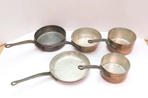 Vintage SET 5 Copper Pans French Cookware Reading France Pots Iron Handles - Foto 1 di 11
