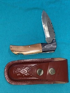 Handmade Damascus Lock-Back Folding Knife With Sheath - Picture 1 of 12