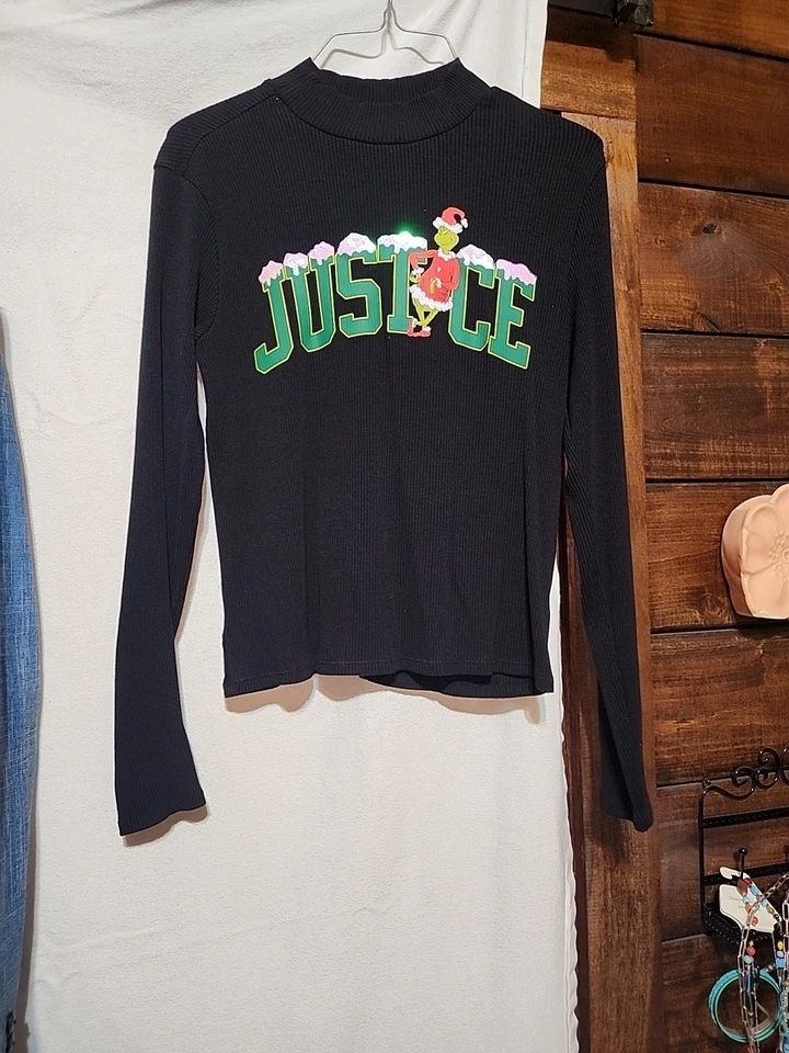 Girls "Justice" Grinch~ Christmas Mock Neck~ Long Sleeve~ Black Shirt~Size XL - Image 1 of 4