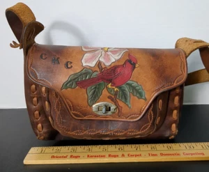 Vintage Tooled Leather Painted Red Bird Flower Shoulder Bag Boho Hippie Purse - Picture 1 of 13