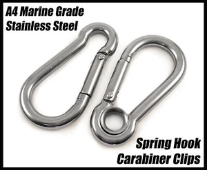 A4 Marine Grade Stainless Steel Carabiner Spring Hook Snap Clips Eyelets Rope - Picture 1 of 4