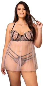 SENSUELLE BABYDOLL SEMITRANSPARENT AVEC DENTELLE LINGERIE NUISETTE POUR FEMME - Picture 1 of 7