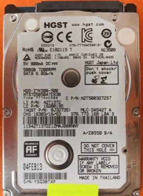 ⭐️⭐️⭐️⭐️⭐️ HDD Hard Drive SATA Laptop 2.5" HGST HTS725050A7E630 500GB DA5427 A - Image 1 of 3