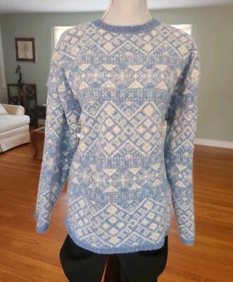 复古 L.L. Bean 羊毛混纺北欧毛衣蓝色白色几何套衫大号 — 第 1/4 张图片