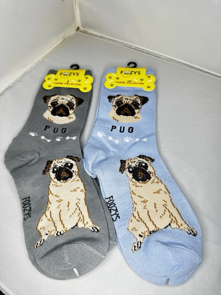 2 Pairs Pug Dog Foozys Canine Collection Womens Girls Socks Blue & Grey