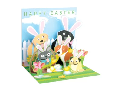 Easter Dogs Greeting Card 3-D Pop-Up Glitter Accents Any One Any Age Dog Lovers - Image 1 of 2