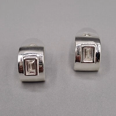 Rhodium Plated Huggie Earrings Silver Tone Pierced Ear Crystal Center - Image 1 of 4