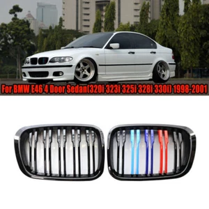 Front Grilles Left And Right Gloss Black M-Color Double Line For BMW E46 98-01 A - Picture 1 of 6