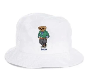 NUOVO! POLO Ralph Lauren verde orso secchiello cappello sole cotone bianco nuovo taglia L/XL $70 - Foto 1 di 5
