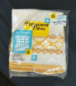 Comanche Mid Century Permanent Press Ivory & Yellow Cotton Tier Curtains Pair - Picture 1 of 2