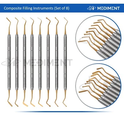 MEDIMENT 8 Pcs Dental Composite Filling Instrument Gold Titanium Coated Restorative Kit