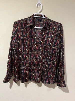 Camisa East 5th Talla XL Abotonada Manga Larga Estampado Novedad Cerradura Llave Negro Satinado C1 Foto 1 de 4