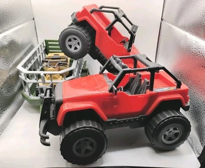 Lot 4 Toys 2 Red Jeep 1 Trailer 1 ATV, One Jeep Makes Sounds & Lights Tested - Image 1 of 4