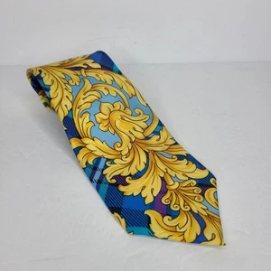 Vintage Gianni Versace '90s Iconic Baroque Tie Art Nouveau Italy Gold Blue Plaid - Picture 1 of 11