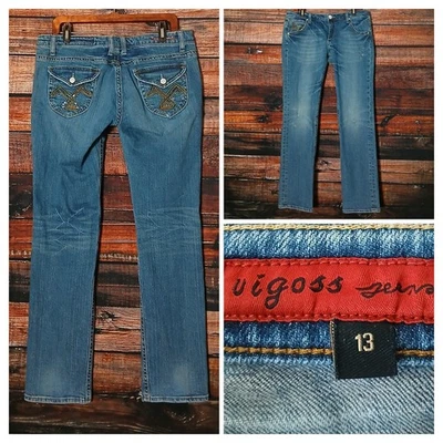 VIGOSS Y2K Jeans Size 13 Low Rise Straight Sequin Embellished Blue Denim Stretch - Image 1 of 4