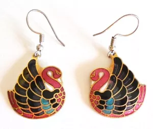 Cloisonne Enamel Swan Phoenix Bird Hook Earrings red black vintage 1980s vgc - Picture 1 of 1