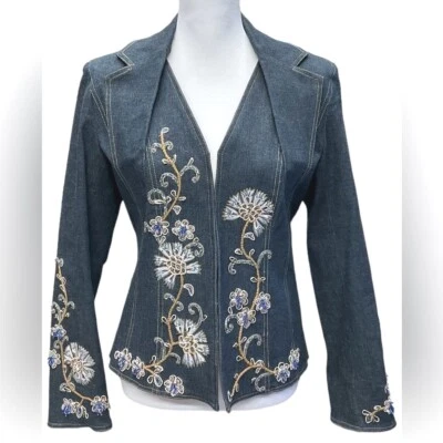 Vintage Pamela McCoy Women's Denim Floral Boho Chic Embroidered Floral Blazer S - Image 1 of 4