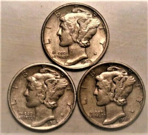 1942 PDS  Set of three Mercury Dimes circulated 90% Silver XF Extra Fine to AU - Picture 1 of 2