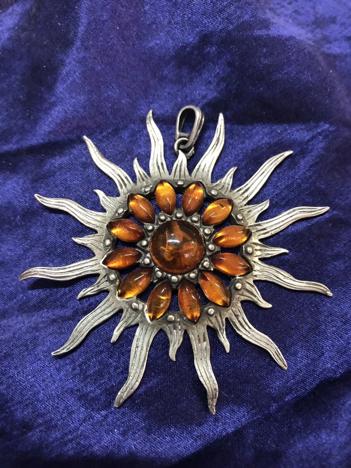 Grande Pendente Vintage In Argento E Ambra, Sole Organico, Hippy, Ciondolo 1970 - Immagine 1 di 4