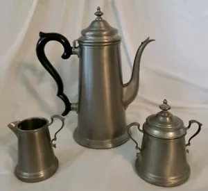 3pc INTERNATIONAL SILVER CO. AMERICANA PEWTER COFFEE POT CREAMER & SUGAR BOWL - Picture 1 of 2