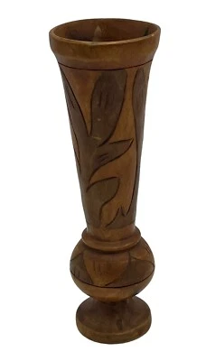 Hand Carved Two Tone Wood Flower Vase Etched Leaves 9.5” Folk Art Primitive - Image 1 of 4
