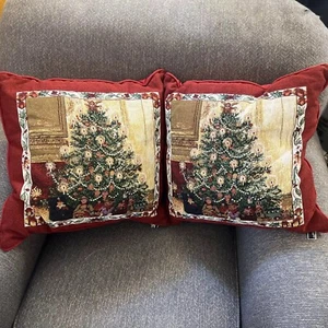 Lot of 2 Newport Woven Tapestry Throw Pillow - Christmas Tree With Candles - Picture 1 of 7