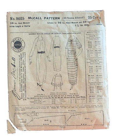 Antique McCall Sewing pattern #9025 House dress Bust 36 Cover