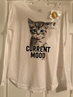 NWT Girls Justice Size 18 White Long Sleeve Top w/Cat & Emoji Mouths - Image 1 of 4