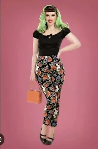 Collectif High Waist 50s Bonnie Forest Floral Trousers in BlackUK10 S Side Zip - Picture 1 of 8