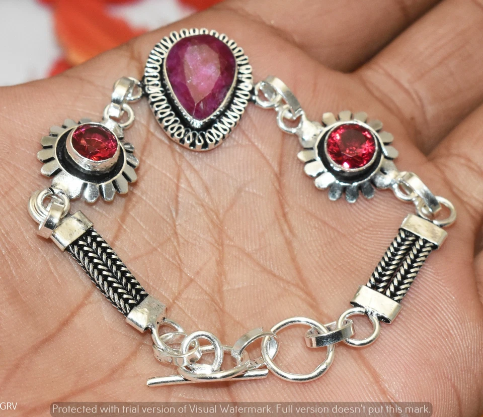 Pulsera de piedras preciosas de cuarzo turmalina rosa y rubí simulado tamaño 7"-8" U306-B132 Foto 1 de 1