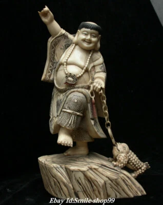 14.5" Rare Tibet Buddhism Temple cattle bone Liu Hai Play Golden Toad Statue - Image 1 of 4