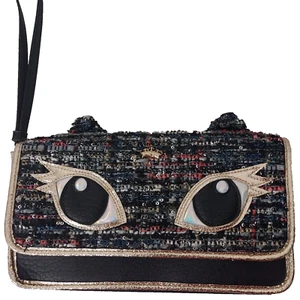 Juicy Couture Kitty Cat Ears Clutch Black Tweed Handbag Wristlet Purse Small - Picture 1 of 12