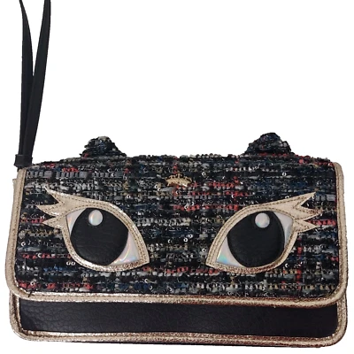 Juicy Couture Gatito Orejas de Gato Bolso sin asas Negro Tweed Bolso Muñequera Cartera Pequeño Foto 1 de 4