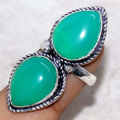 Anel longo verde ônix folheado a prata 925 EUA 6 boho festival joias JW - Imagem 1 de 3