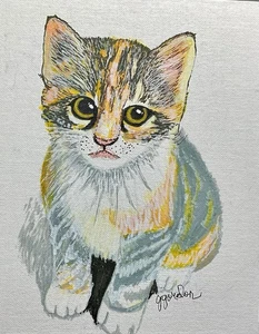 Quadro acrilico originale "Piccolo gattino grigio" 8x10, firmato, non incorniciato - Foto 1 di 2