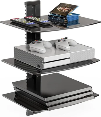 Floating Wall Mounted Shelf with 3 Tempered Glass Shelves for TV Game Consoles - Image 1 of 4