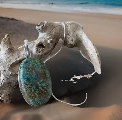 Collar colgante de piedras preciosas de crisocola - Chapado en plata de ley 925 - Nuevo Foto 1 de 3