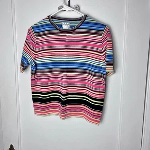 Vintage Liz Baker 90s Multicolor Pink Blue Striped Knit Boxy T-shirt Size MP - Picture 1 of 5