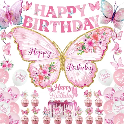 Mariposa Decoraciones Cumpleaños Niñas, Rosa Feliz Cumpleaños Banner Telón de Fondo Globo Foto 1 de 4