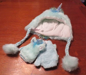 NEU Mädchen Justice flauschiges Einhorn Silber Glitzer Hut & fingerlose Fäustlinge Set - Bild 1 von 11