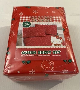 New Hello Kitty Christmas Mistletoe Holly Red Queen 4pc Sheet Set Cotton Holiday - Picture 1 of 5